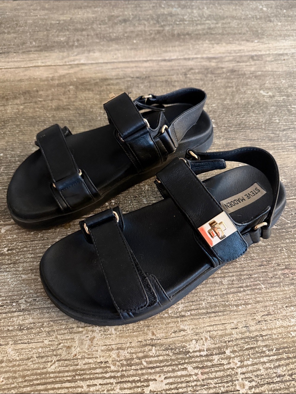 Steve Madden black with gold buckles elastic double strap sandals